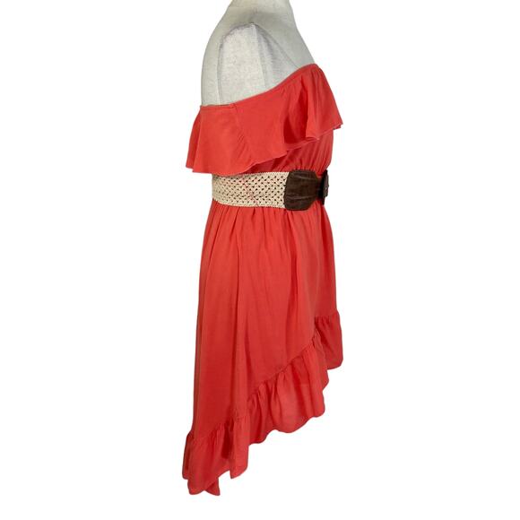 Orange ruffled strapless belted sundress by full tilt Women's xs boho hi low hem - Picture 2 of 9